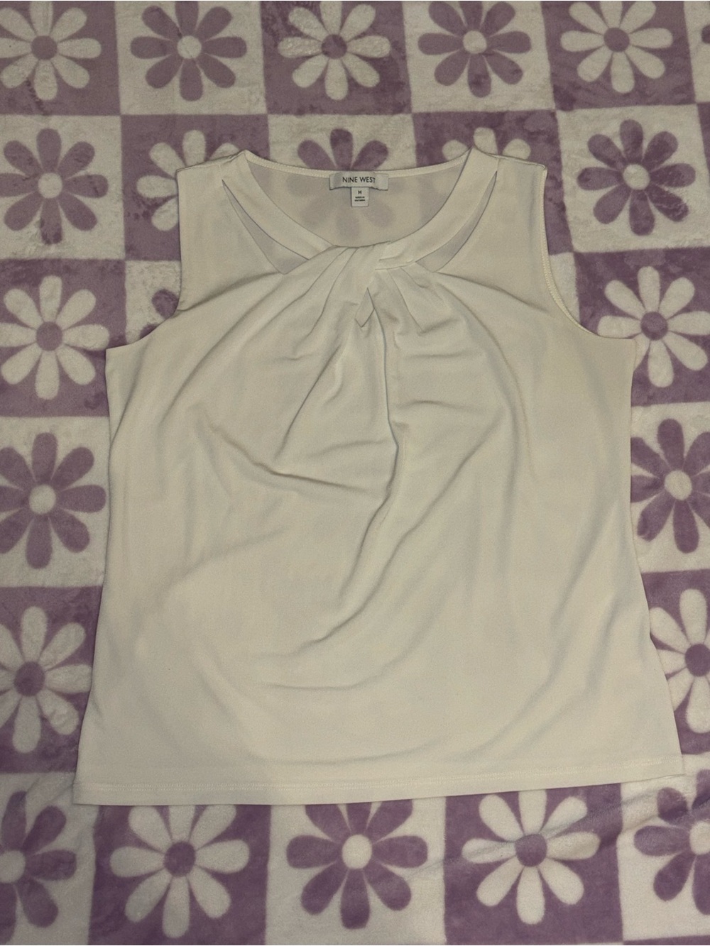 Nine West Cream Sleeveless Pleat-Front Top